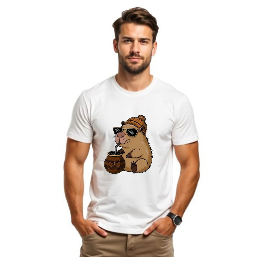 Camiseta Masculina Estampada Capy Tomando um Chimarrão Capivara Adulto e Infantil 100% Algodão