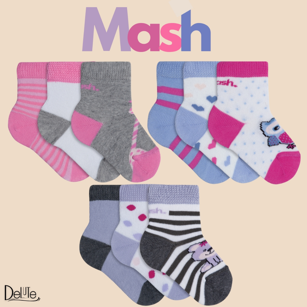9 Pares de Meias Estampada Infantil Mash em Algodao Cano Medio Baby do 0 a 21 Menina e Menino