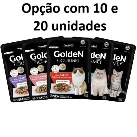 Sachê Golden Gatos Gourmet 70g Ração úmida opções com 10 unidades e caixa com 20 unidades em Oferta na Shopee