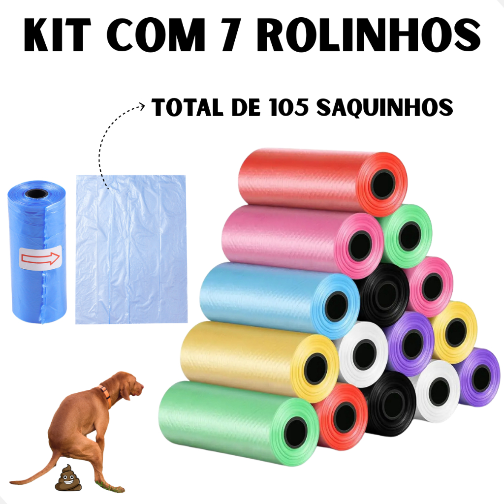 Kit 7 Rolinhos de Saquinhos Refil Cata Caca Higiênico Pet