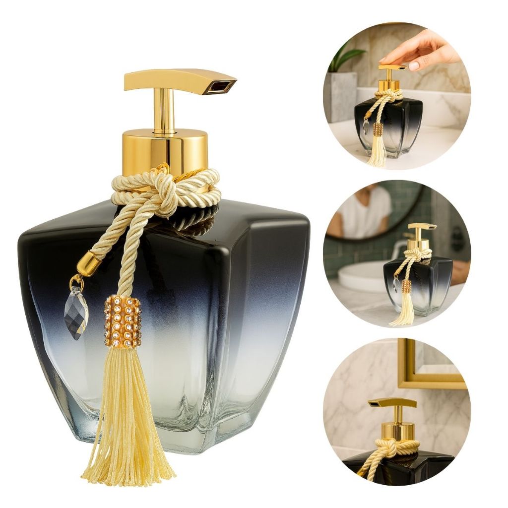 01 Frasco Porta Sabonete Lavabo Vidro Estrela Degrade Preto 280ml Válvula Luxo