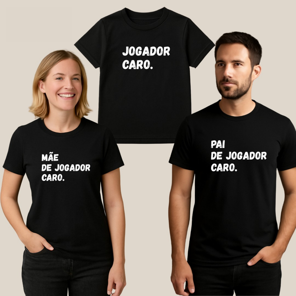 Kit 3 Camisetas Jogador Caro Filho Pai Mãe Combinando Estampa Personalizada