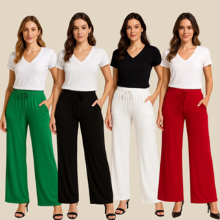 Calça Pantalona Viscolycra Cintura Alta Com Bolso em Oferta na Shopee