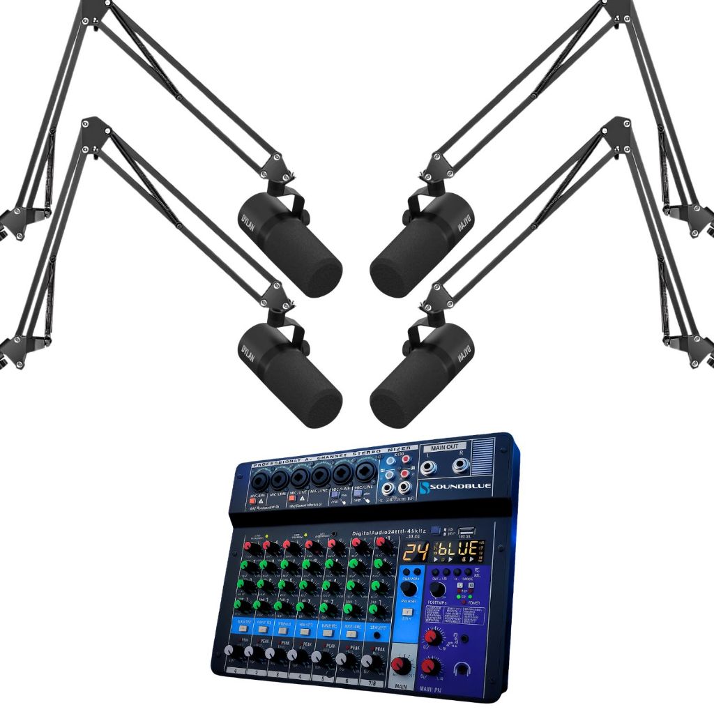 Kit 4 Microfones Podcast Condensador Cardioide Dylan Profissional + Mesa 8 Canais Bluetooth Usb Midi Efeitos + Suportes