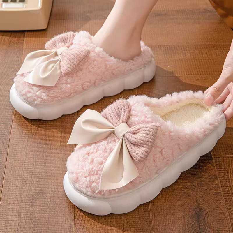 Pantufa Pelúcia Charmosa com Laço – Chinelo de Lã Quentinho, Macio, Fofura do Inverno! Pantufa Fofa