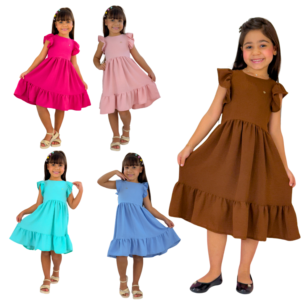 Kit 5 Vestido Feminino Infantil Manga Princesa em Duna