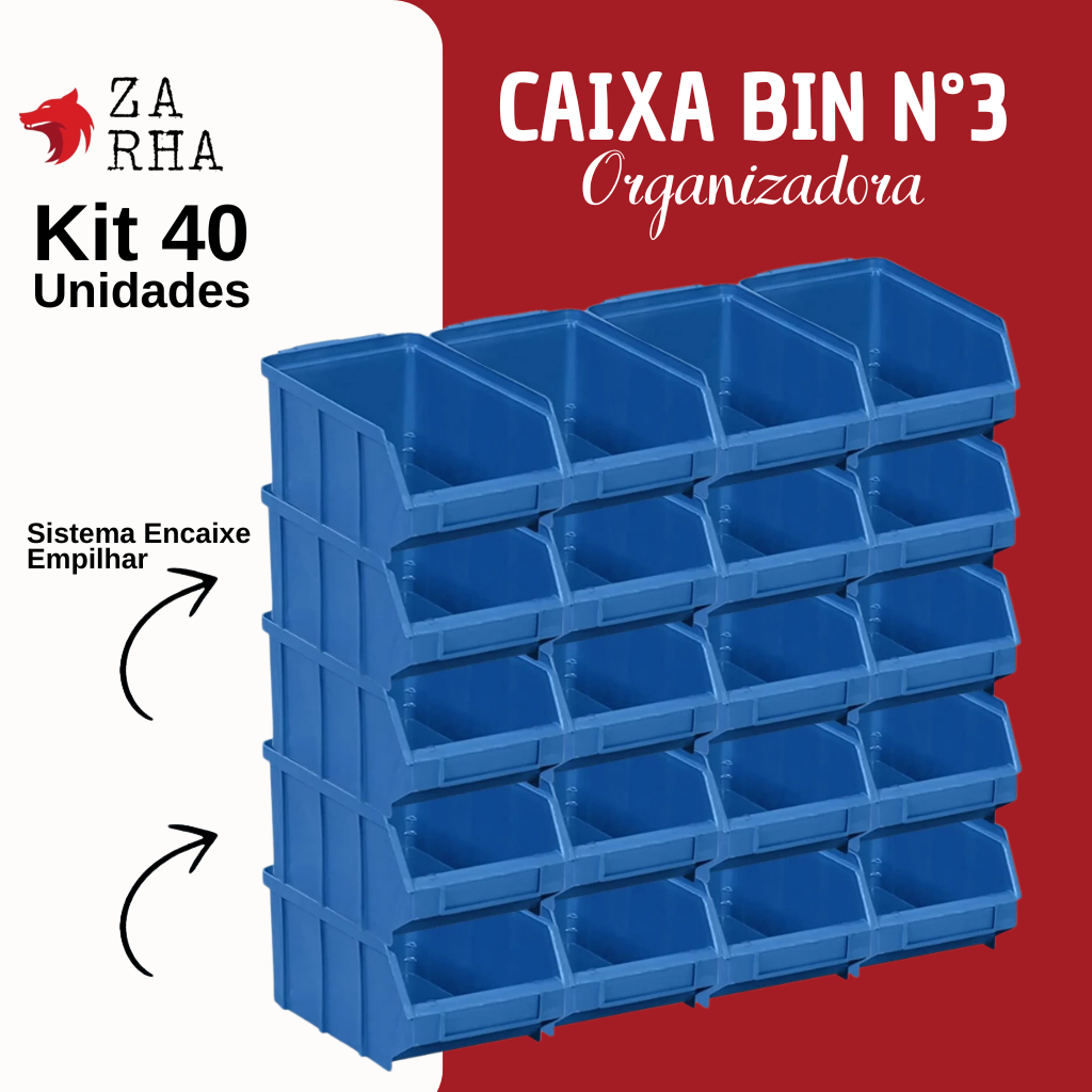 Kit 40 Caixas Bin Nº3 Azul Empilháveis Organizadoras Resistentes Estoque Oficina Hospital