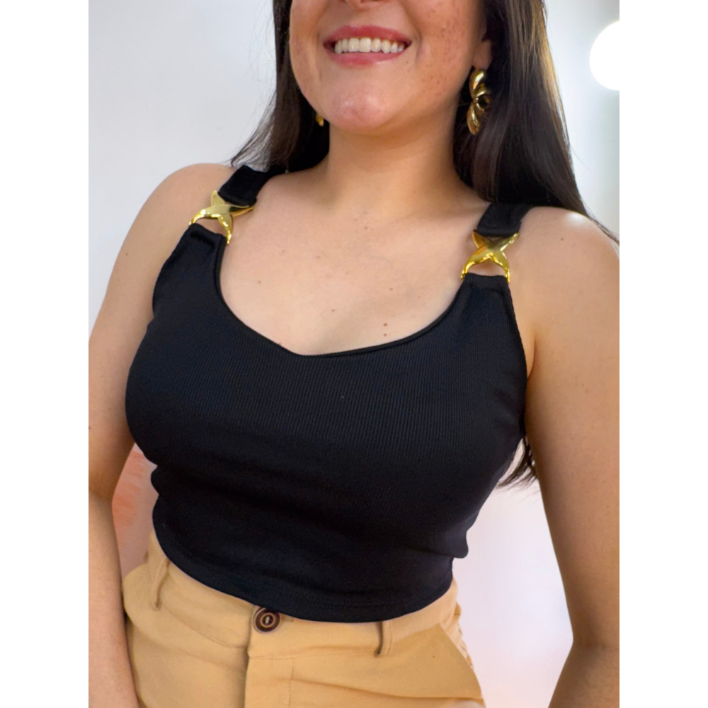 Blusa Cropped Feminina Canelado Alca Com Forro Fivela Dourada Argola Elegante Casual Tendencia Verao