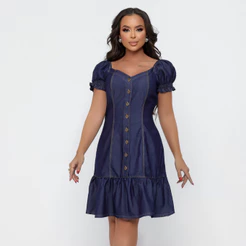 Vestido Feminino Jeans Peplum Manga Princesa Bufante Moda Casual