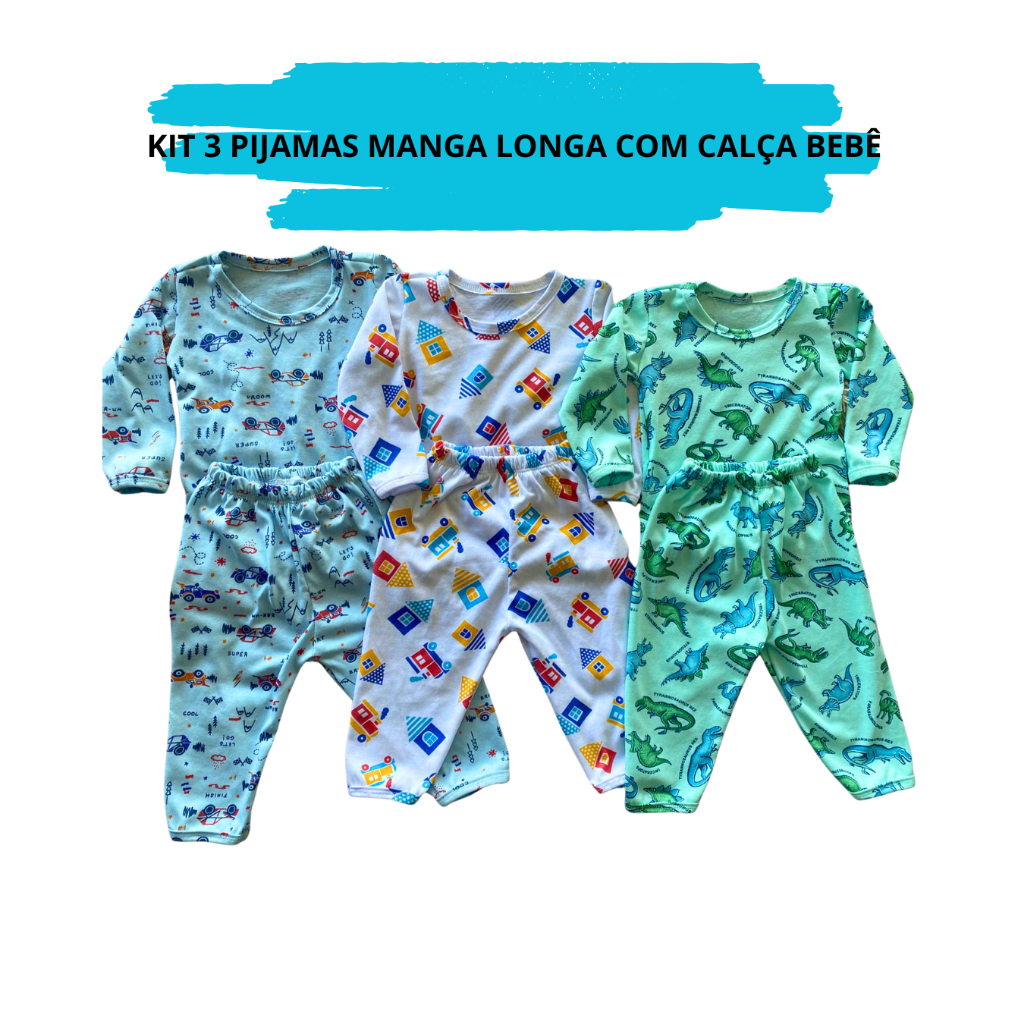 Kit 03 Pijama Manga Longa Bebê Masculino Infantil Menino P ao GG 100% Algodão Fresco Dormir