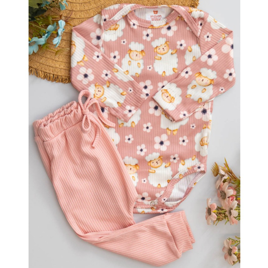 Conjunto Bebê Body Canelado Infantil Ovelha Rosa e Calça Saruel Rosa Menina