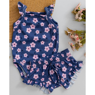 Conjunto Infantil  Babado Verão Marinho Flores em Oferta na Shopee