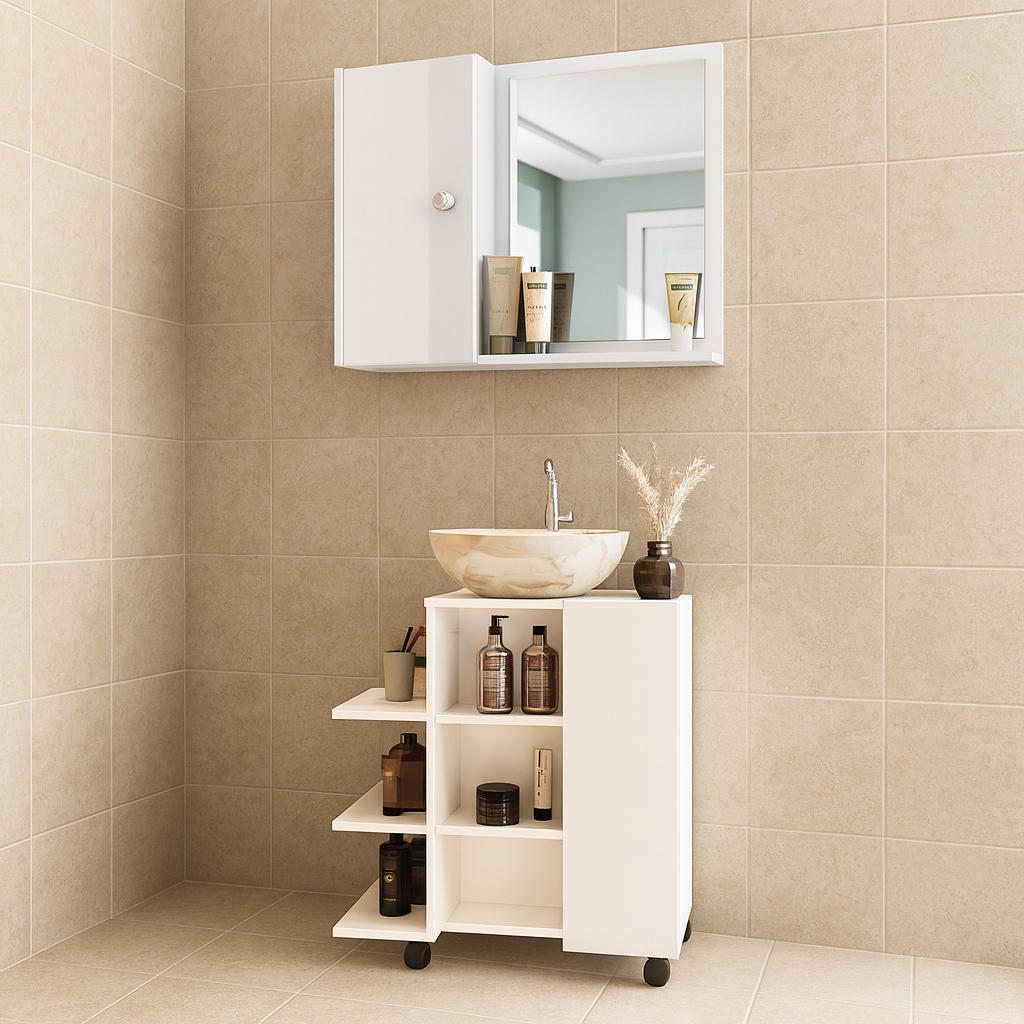 Kit com 1 Armário Gabinete para Banheiro Classic e 1 Espelheira Genova - JM3 Móveis