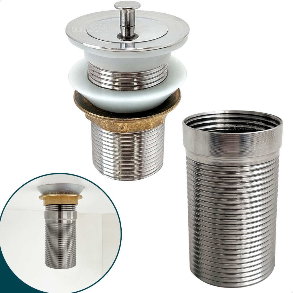Valvula Tanque 1 1/4 e Prolongador de rosca ralo Inox Banheiro 14cm para Cuba de Apoio Sobrepor