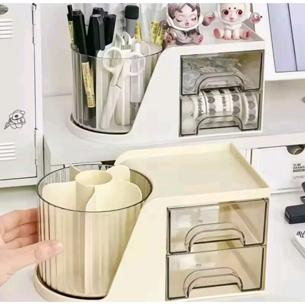 Organizador de Mesa com Porta-Canetas e 2 Gavetas Organizador de Maquiagem com Porta Pincel Rotativo