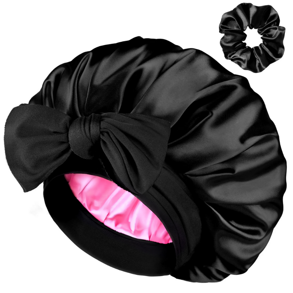 Touca de Cetim de Luxo Dupla Face – Faixa Ajustável com Laço + 1 Scrunchie  (Anti-Frizz, Antiqueda).