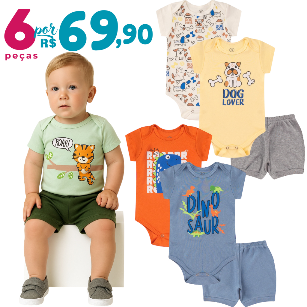 Kit 6 Peças de Roupas para Bebê Menino (4 Body + 2 Short) Kit 2 Trios Body Infantil Bebê em Oferta na Shopee