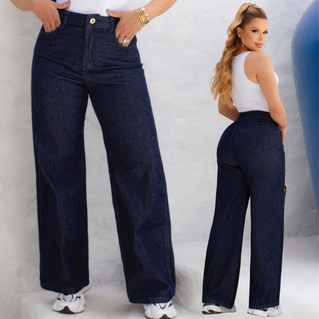 Calça Jeans Feminina Wide Leg Pantalona Azul Cintura Alta 100% Algodão Premium Cós Alto em Oferta na Shopee