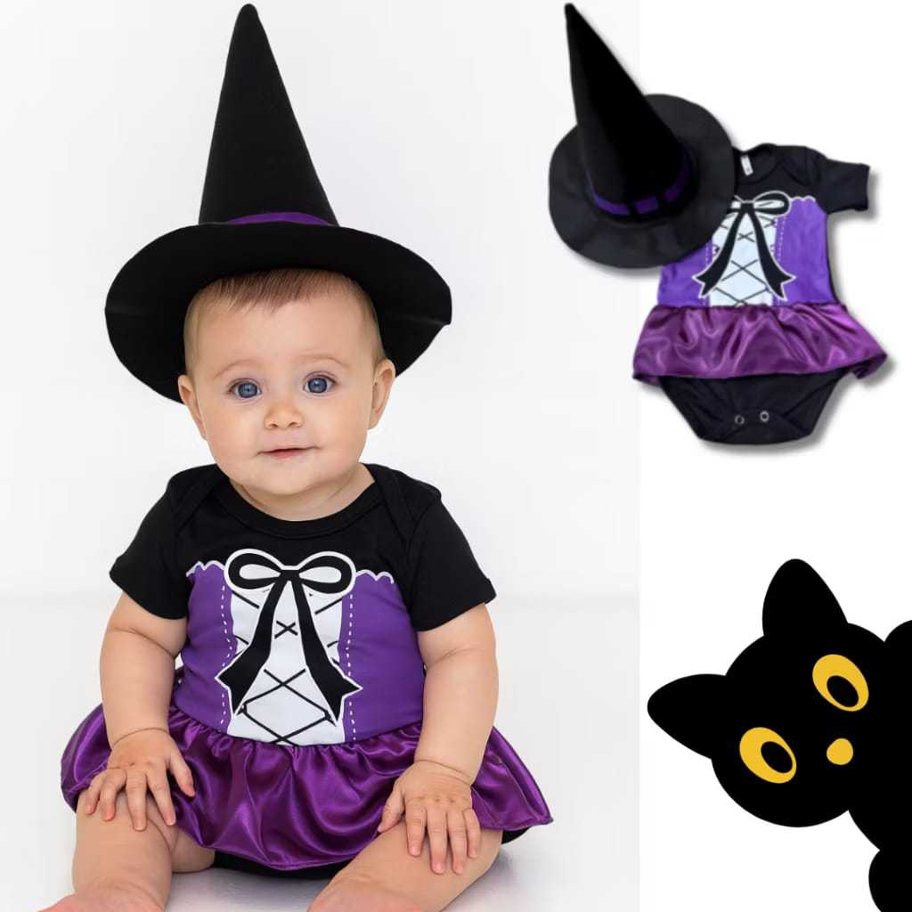 Body Bebe Temático de Bruxa  Body + Chapeu  Mesversario Fantasia halloween em Oferta na Shopee