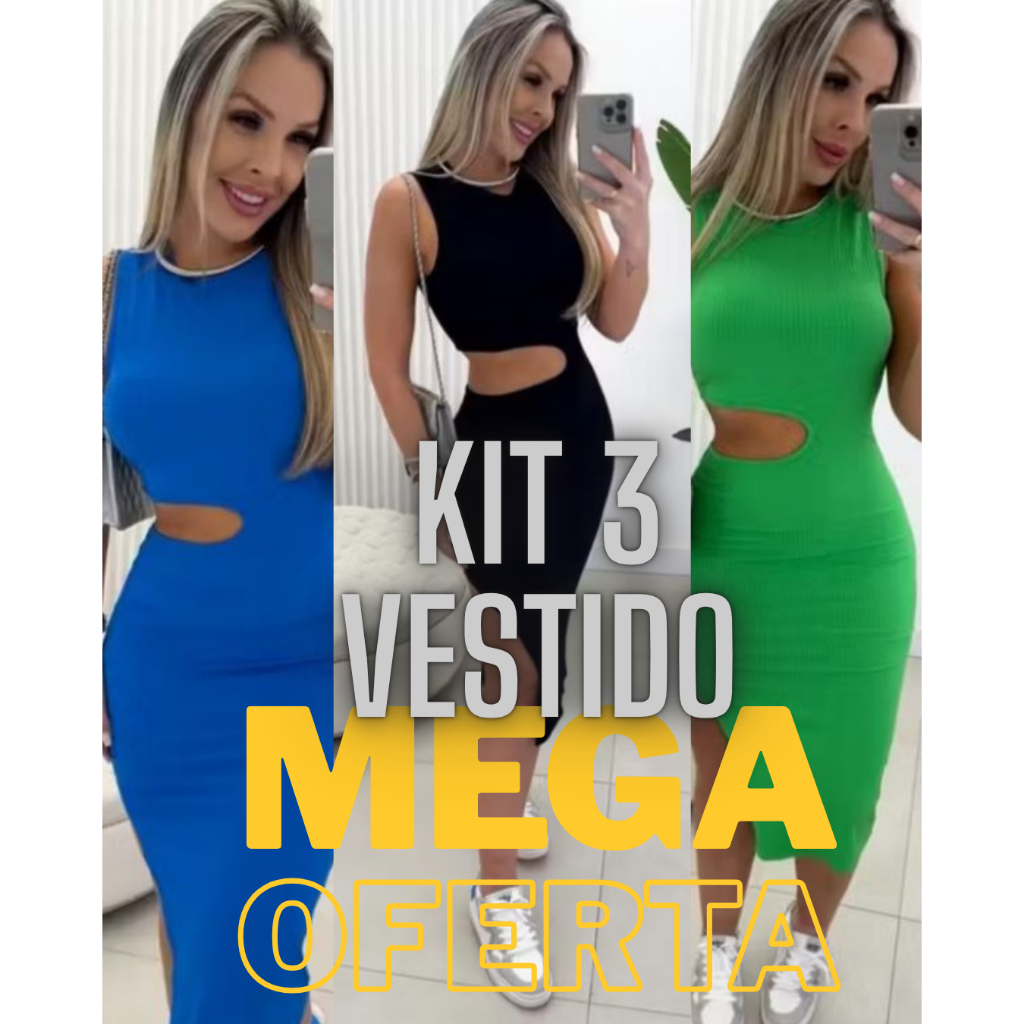 Kit 3 vestidos feminino Canelado Com Elastano Midi Vazado Na cintura Lado esquerdo Gola Alta Verão