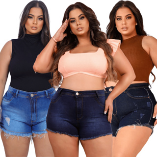 Kit 3 Short Feminino Plus Size Elegante Cós Alto Modeladora Elastano Casual Moda Grande Conforto em Oferta na Shopee