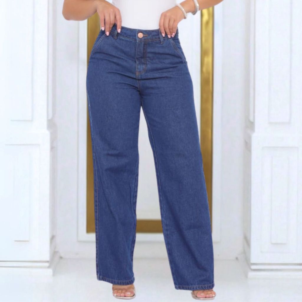 Calça Wide Leg Feminina Pantalona Jeans Cintura Alta Levanta Bumbum 100% algodão Premium Lançamento