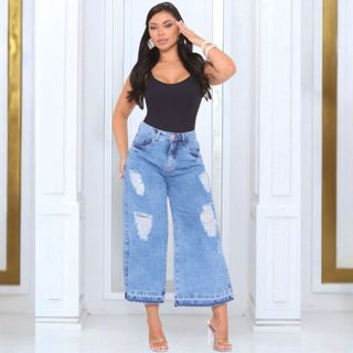 Calça Jeans Mom Pantacourt Marmorizada Cos Alto Linha Premium Calca WidLeg Bar Descosturada Feminina