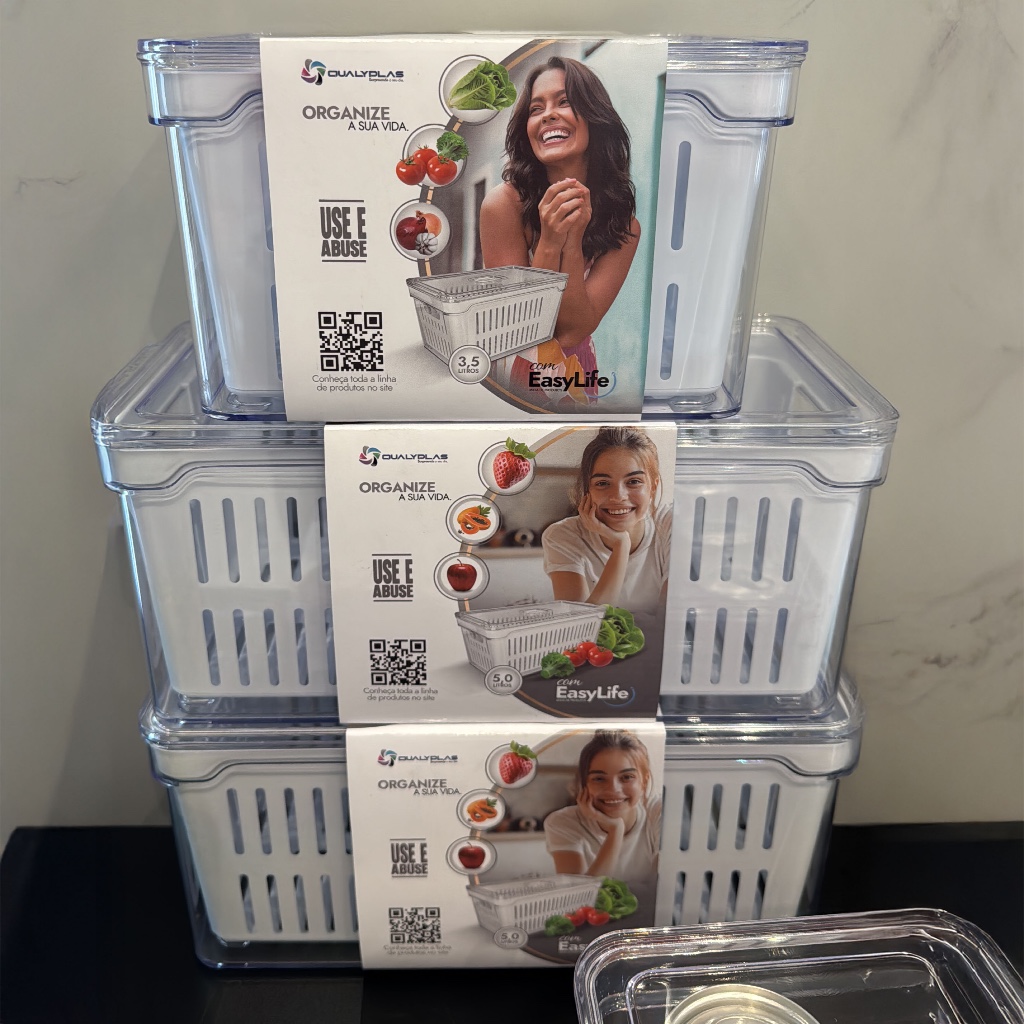 Kit 3 Organizadores de Geladeira – 2 de 5L + 1 de 3,5L em Acrílico com Vedação e Drenagem