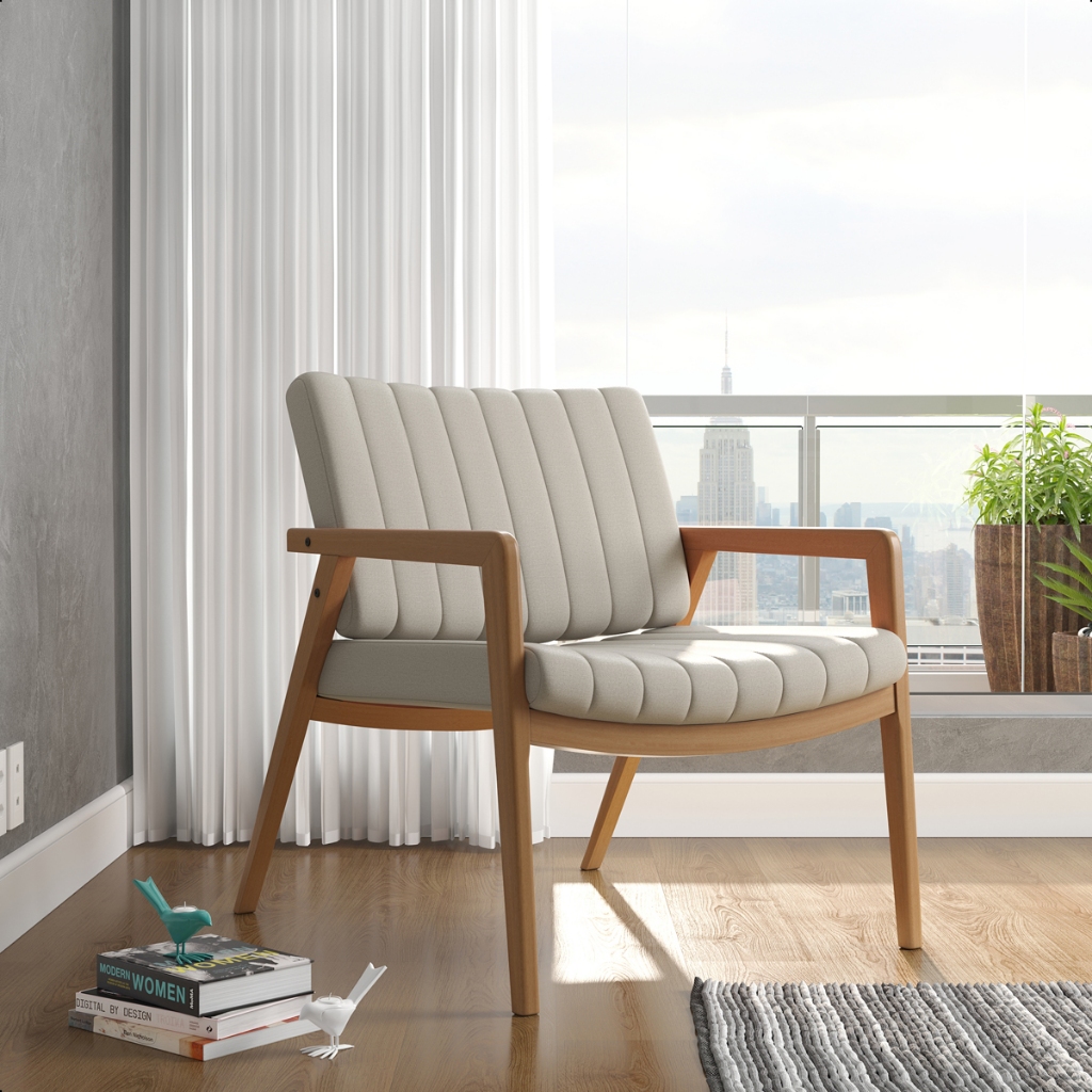 Poltrona Premium Uxuá Pés Em Madeira Luxo Linho Decorativa Sala Estar Recepção Várias Cores - MLDM