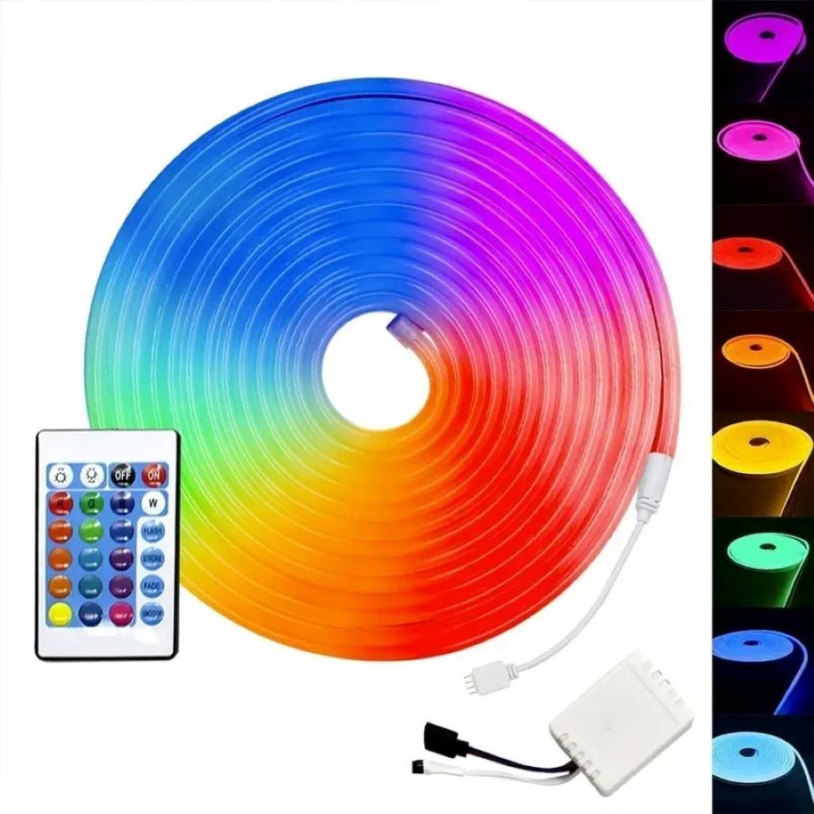 Fita Led Neon RGB Flexível 12v 5m Siliconada Com Controle e Fonte Bivolt Ip65 Decoração De Quarto