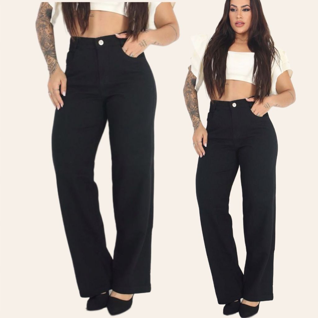 Calça Jeans Feminina Wide leg Preta Pantalona Boca Larga - Cintura Alta Premium