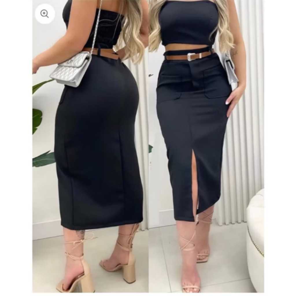 Saia Midi Alfaitaria com Bolso Frontal Elegante Com Cinto em Oferta na Shopee