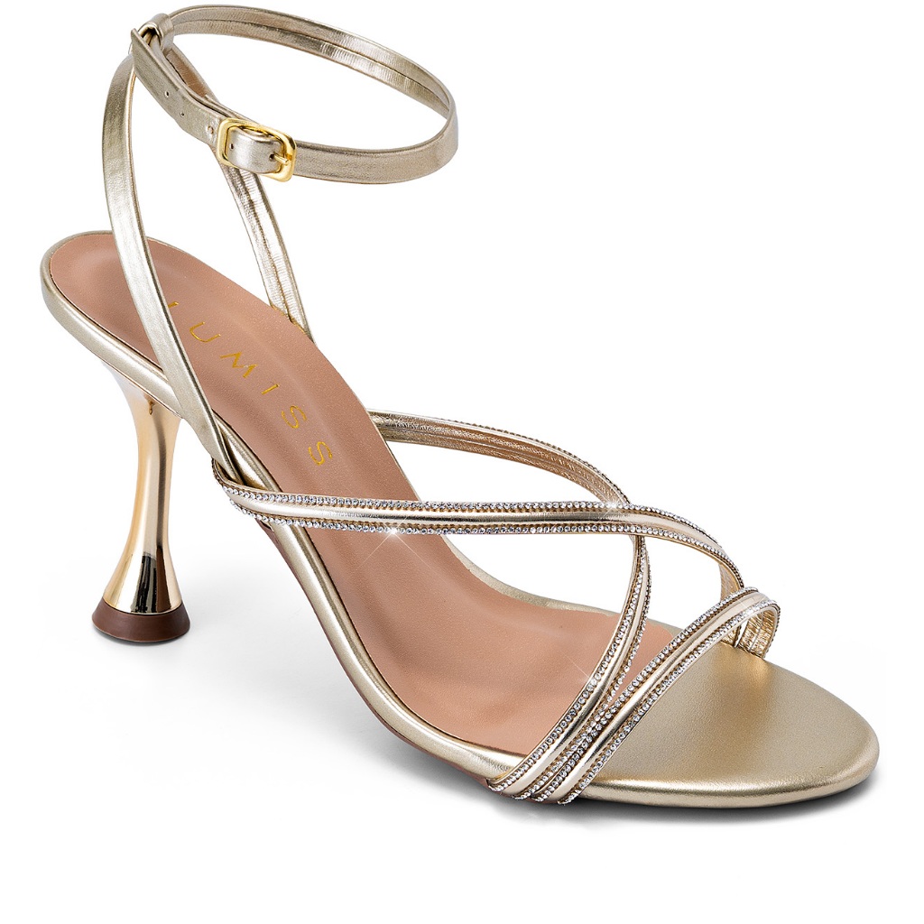 Sandália Feminina Lumiss Salto Alto Fino Metalizado Strass Brilho Tiras Finas em Oferta na Shopee