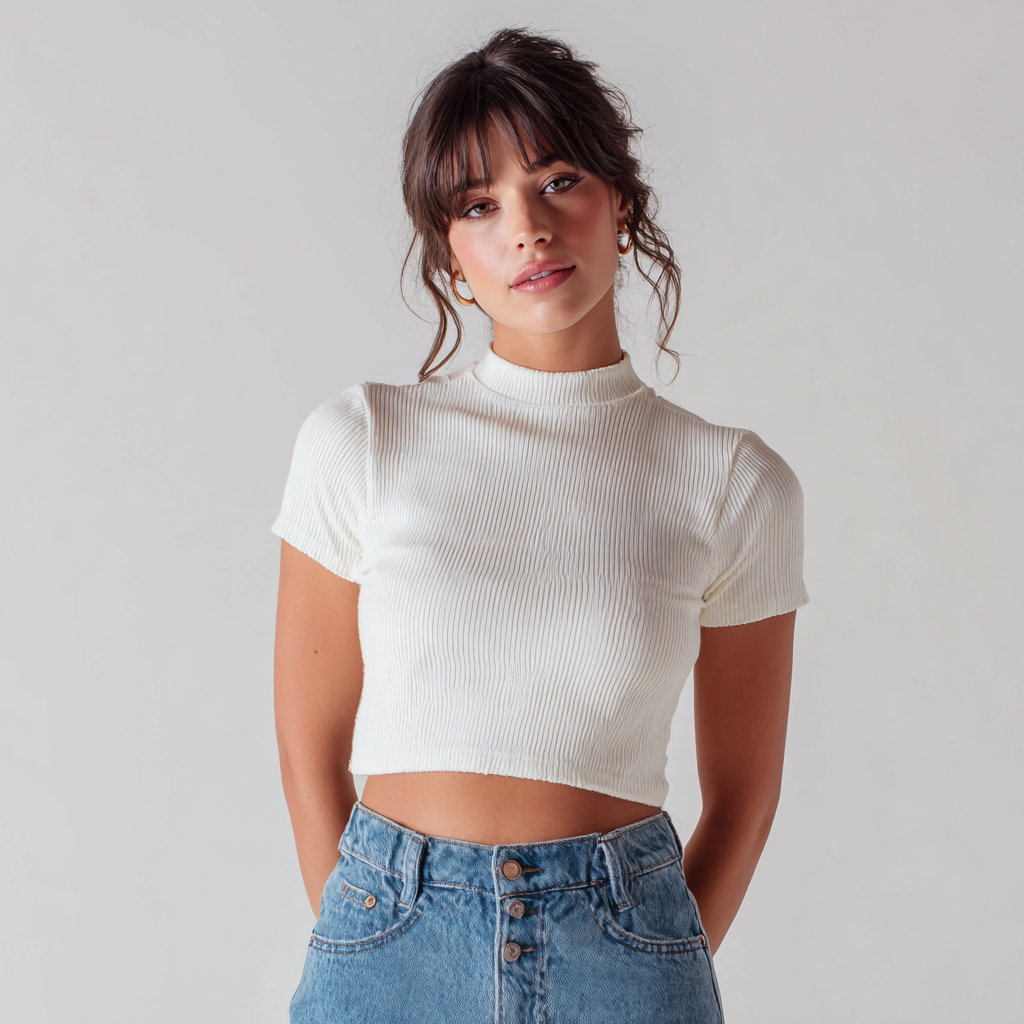 Cropped Branco Malha Canelada Feminino Blusa Curta Cropped Manga Curta Com Gola