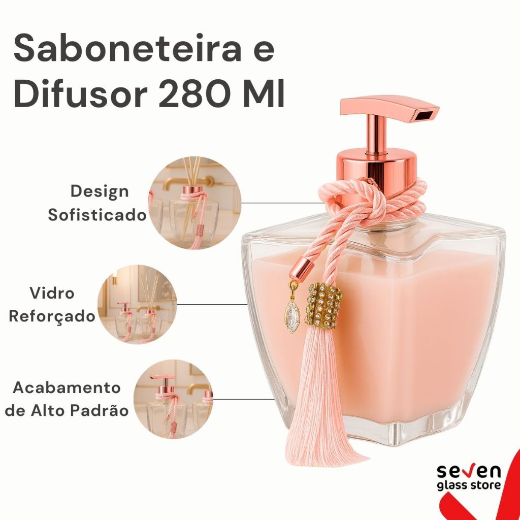 Kit Banheiro Vidros Transparente Porta Saboneteira Cromada E Difusor Luxo Com Enfeite · foto 2