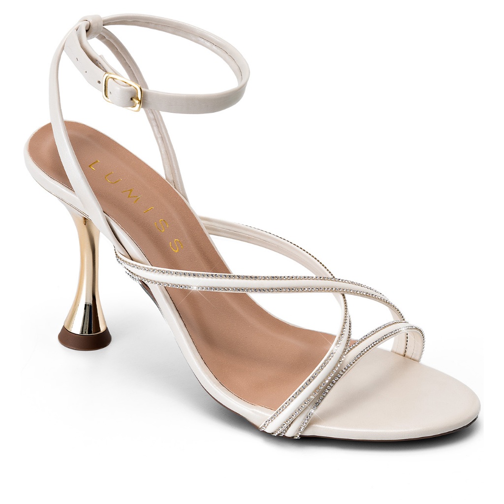 Sandália Feminina Lumiss Salto Alto Fino Metalizado Tiras Strass Off White em Oferta na Shopee