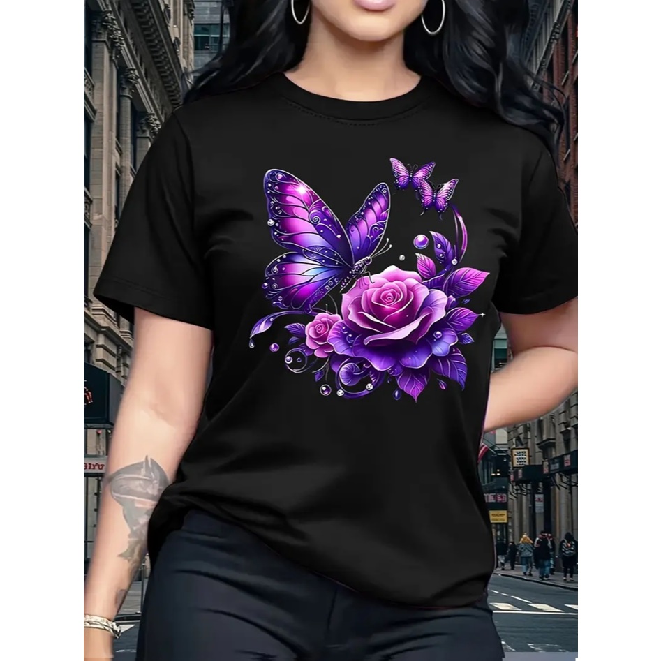 Camiseta Feminina T-shirt Camisa Basica 100% Algodao Estampa Borboleta Flor
