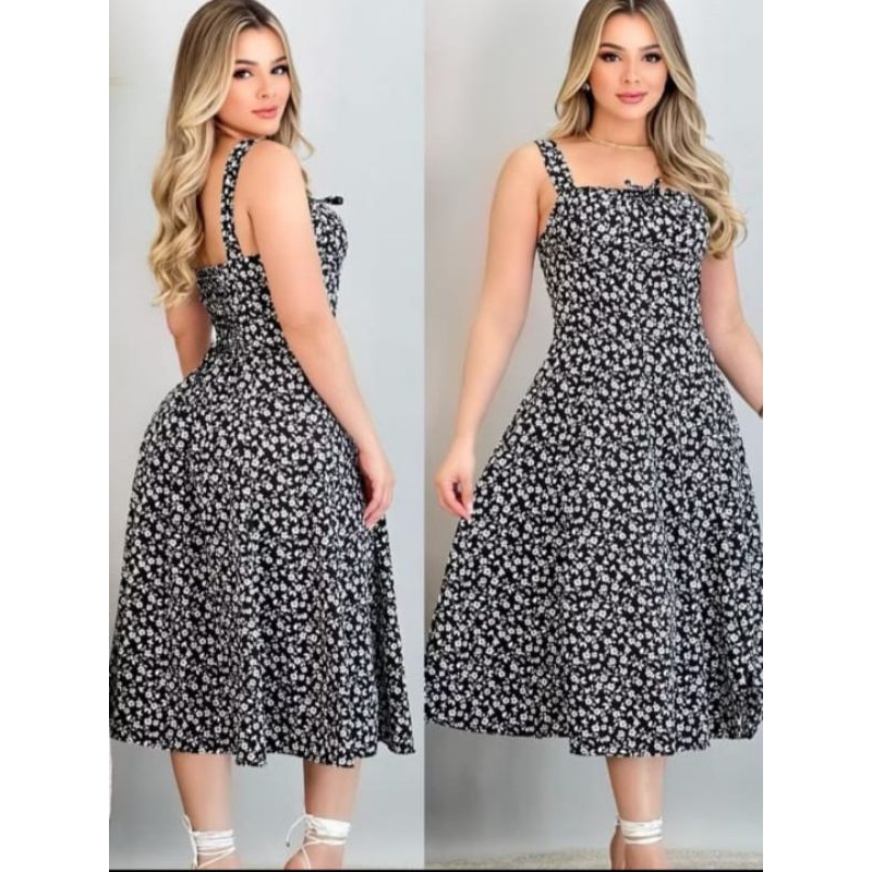 Vestido Midi Estampado Floral Romântico Com Alça Corset Com Lastex Na Costa MODA 2025 em Oferta na Shopee