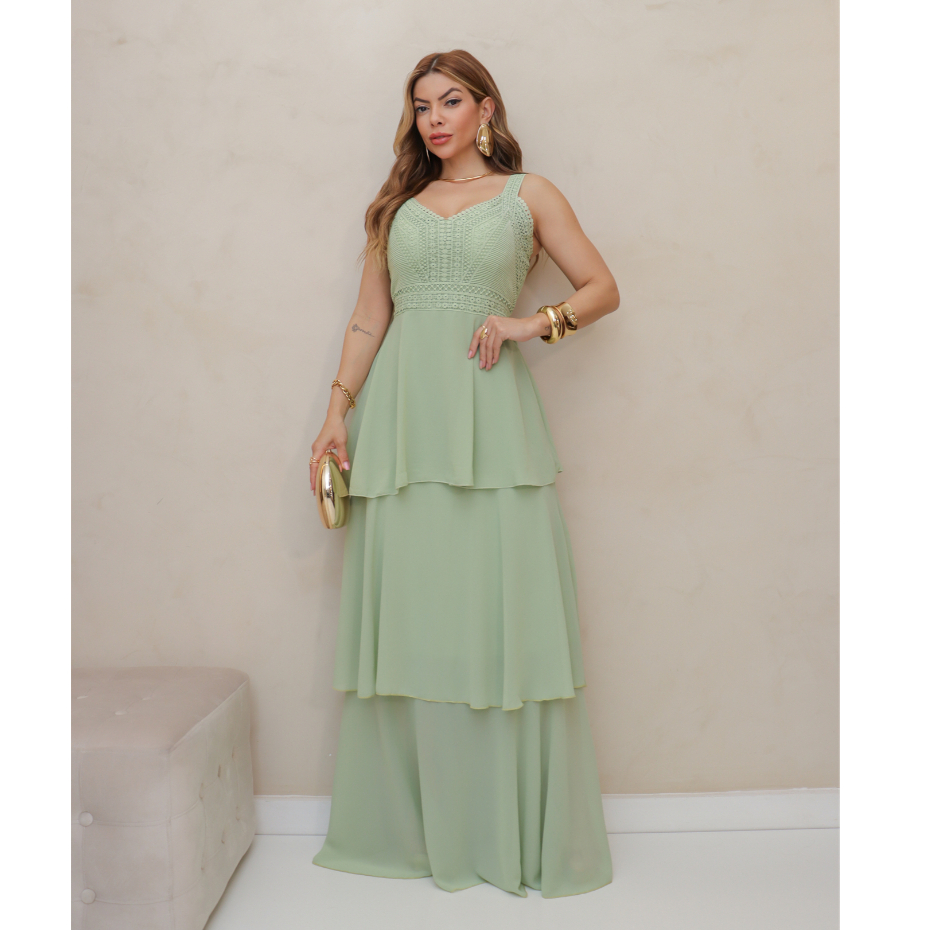 Vestido Longo Feminino Elegante Chiffon Com Bojo de Alcinha Festa Verão 3RD SD1552