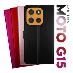 Capa Case Capinha Carteira Flip Cover Couro Sintético PRETA Para Motorola Moto G15 Xt2521 tela 6.72 Pol