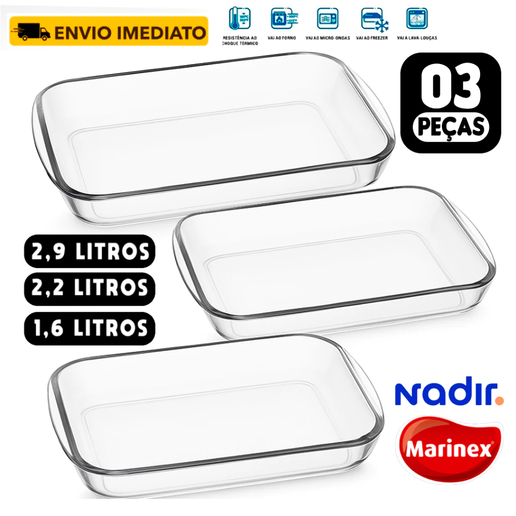 CONJUNTO 3 Assadeiras Retangulares Vidro Temperado - Marinex Celebrity PMG Transparente — imagem 1