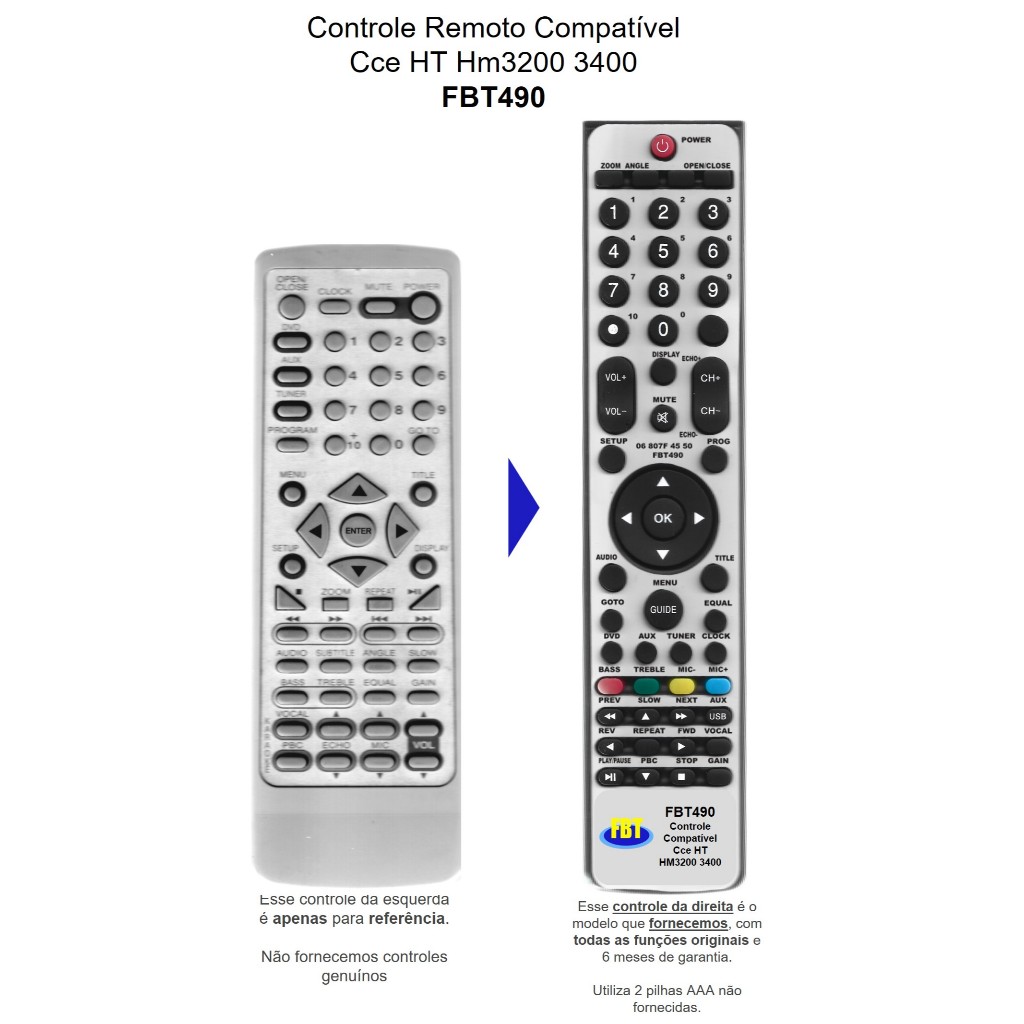 Controle Remoto Compativel Com Home Theater Cce Hm-3400 FBT490