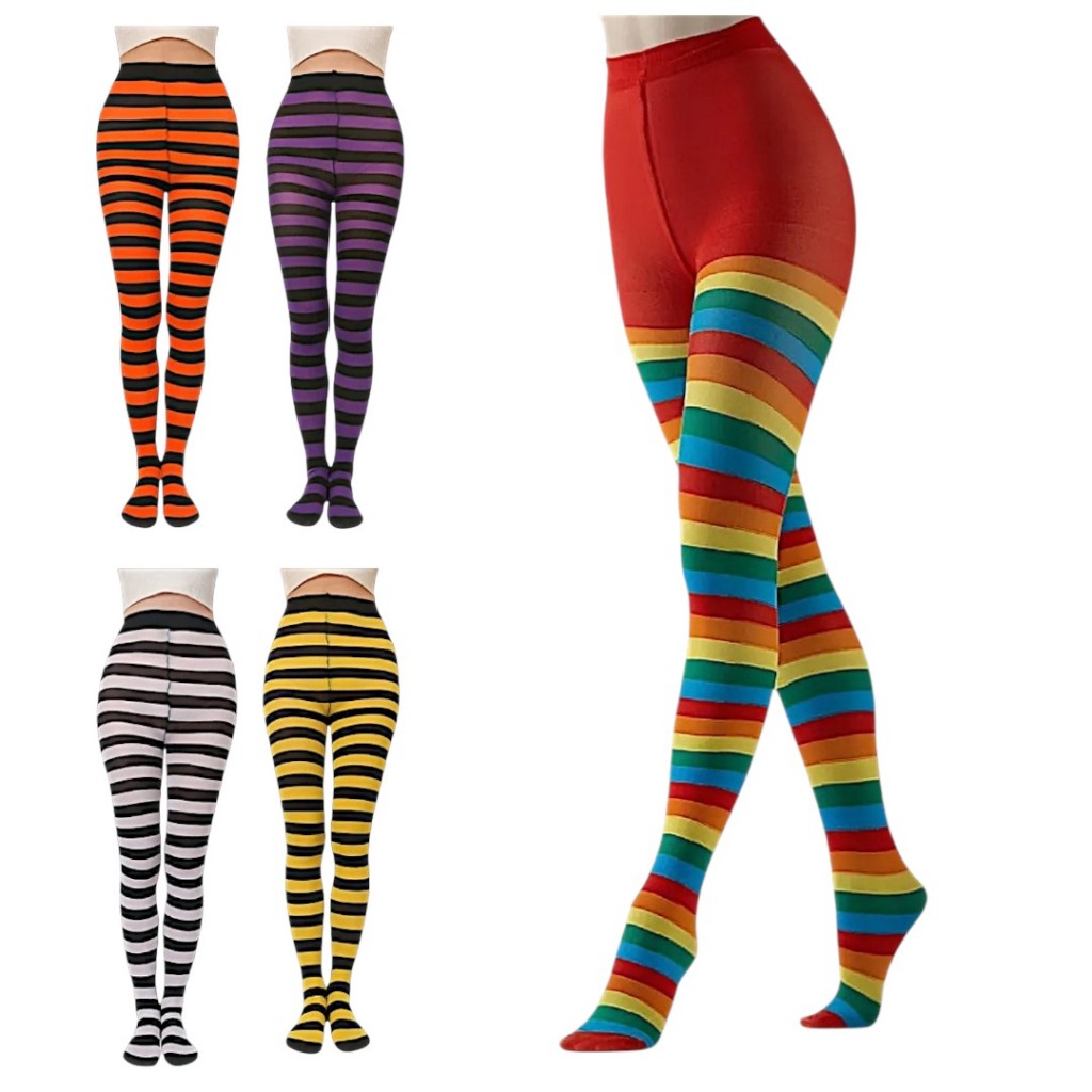 Meia Calça P Fio 40 Listrada Halloween Cosplay Festa Fantasia Colorida Calça infantil Amarelo Branco