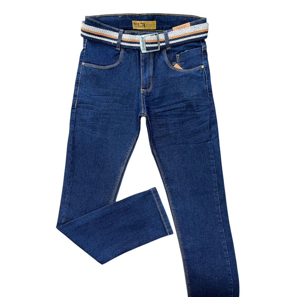Calça Jeans Básica Masculina Infantil Juvenil Volta Aulas Com Cinto Ajuste Menino 10-16