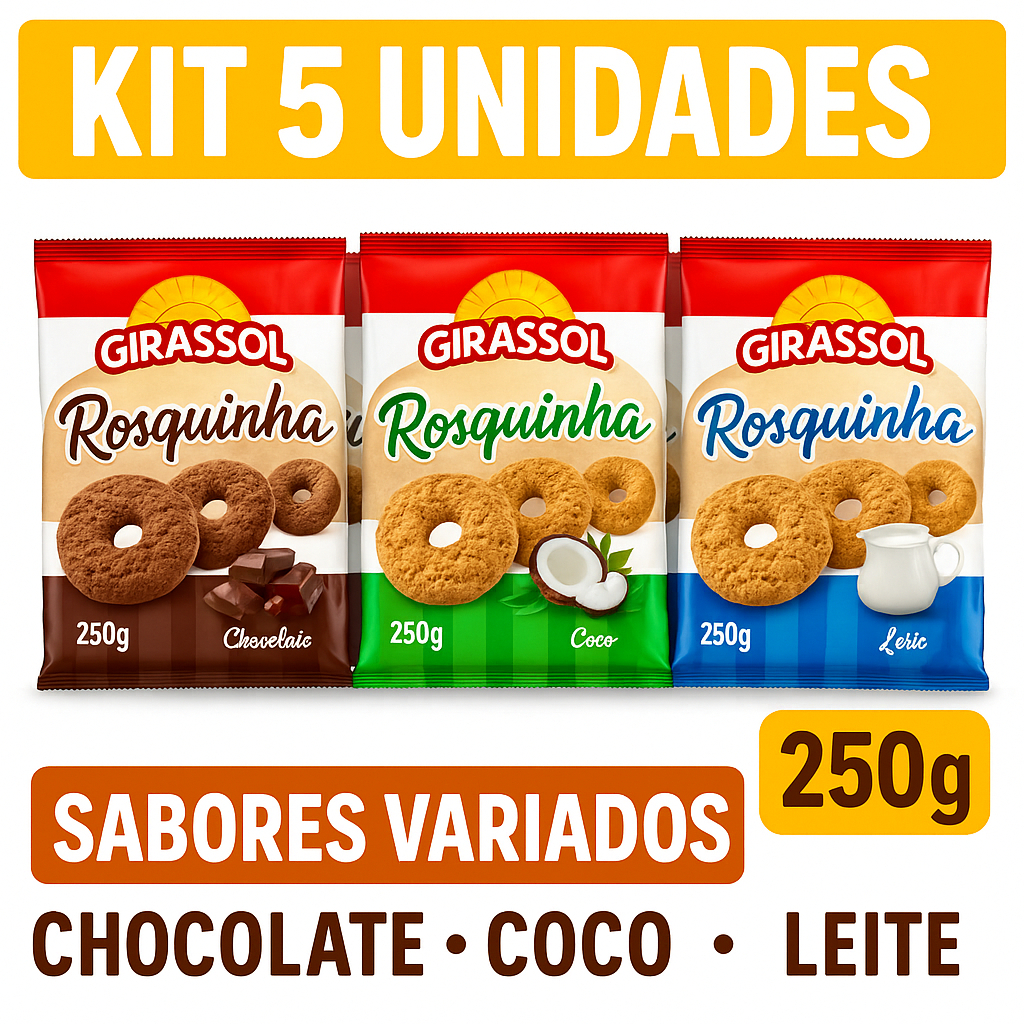 Kit 5 Unidades Rosquinha Girassol Sabores Variados 250g – Chocolate, Coco e Leite