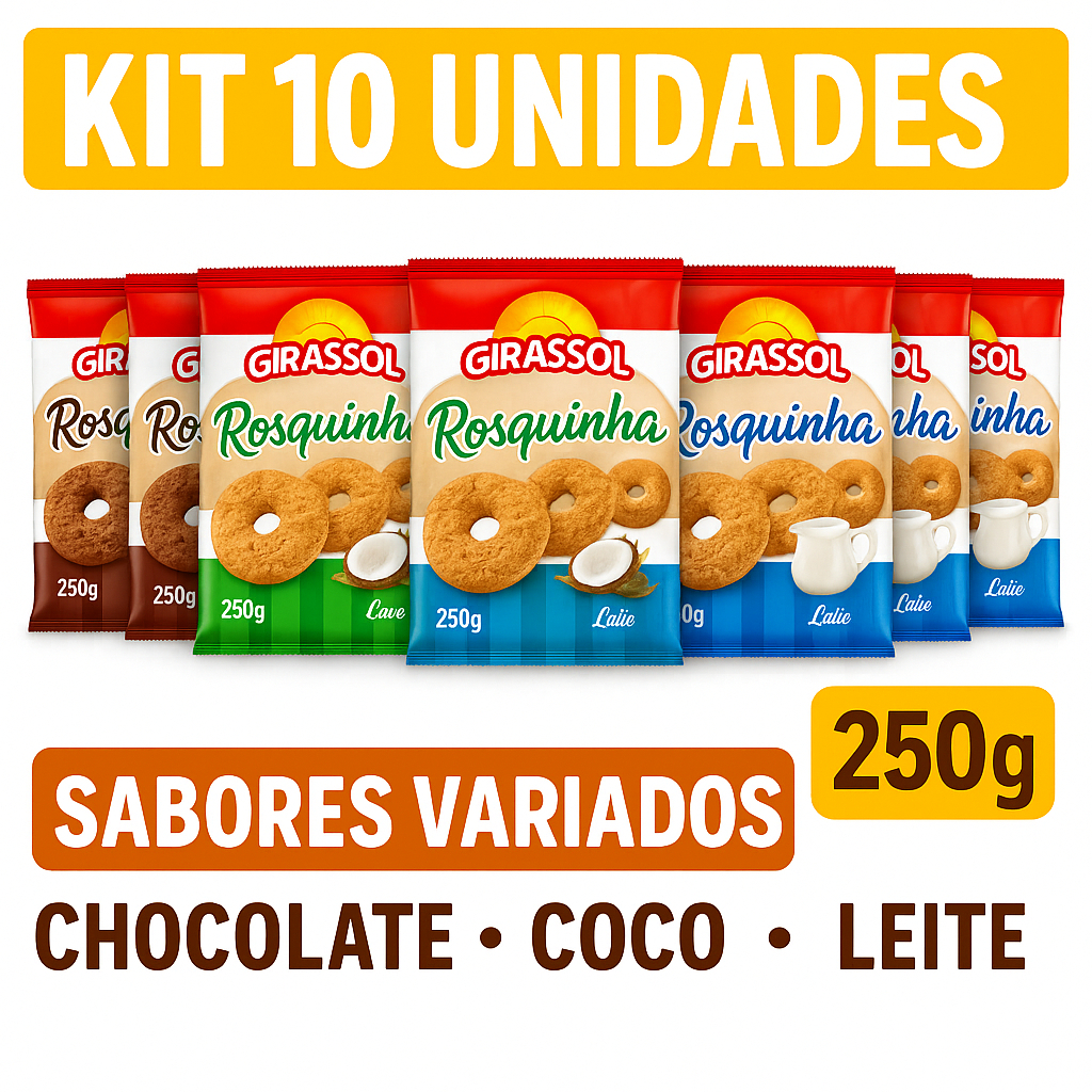 Kit Rosquinhas Sortidas Girassol - 10 Pacotes de 250g (Coco, Leite e Chocolate) em Oferta na Shopee