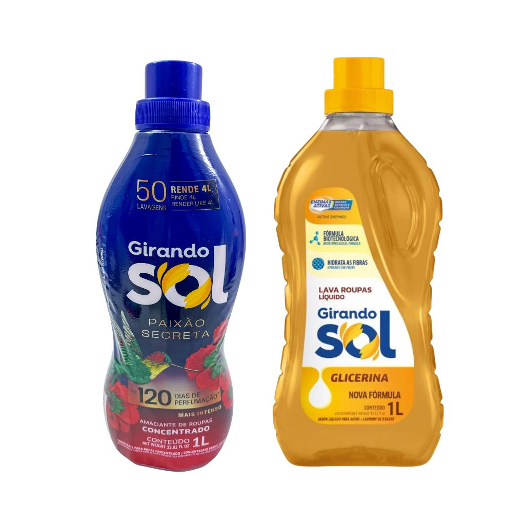 Kit Lava Roupas Sabão Líquido 1 L Glicerina + Amaciante Concentrado 1 L Paixão Secreta Girando Sol