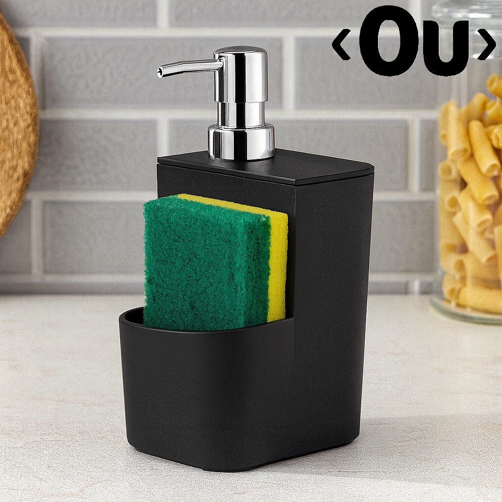 Dispenser Detergente Líquido 650ml Porta Esponja Bucha Cozinha Pia Organização Limpeza Ou Preto