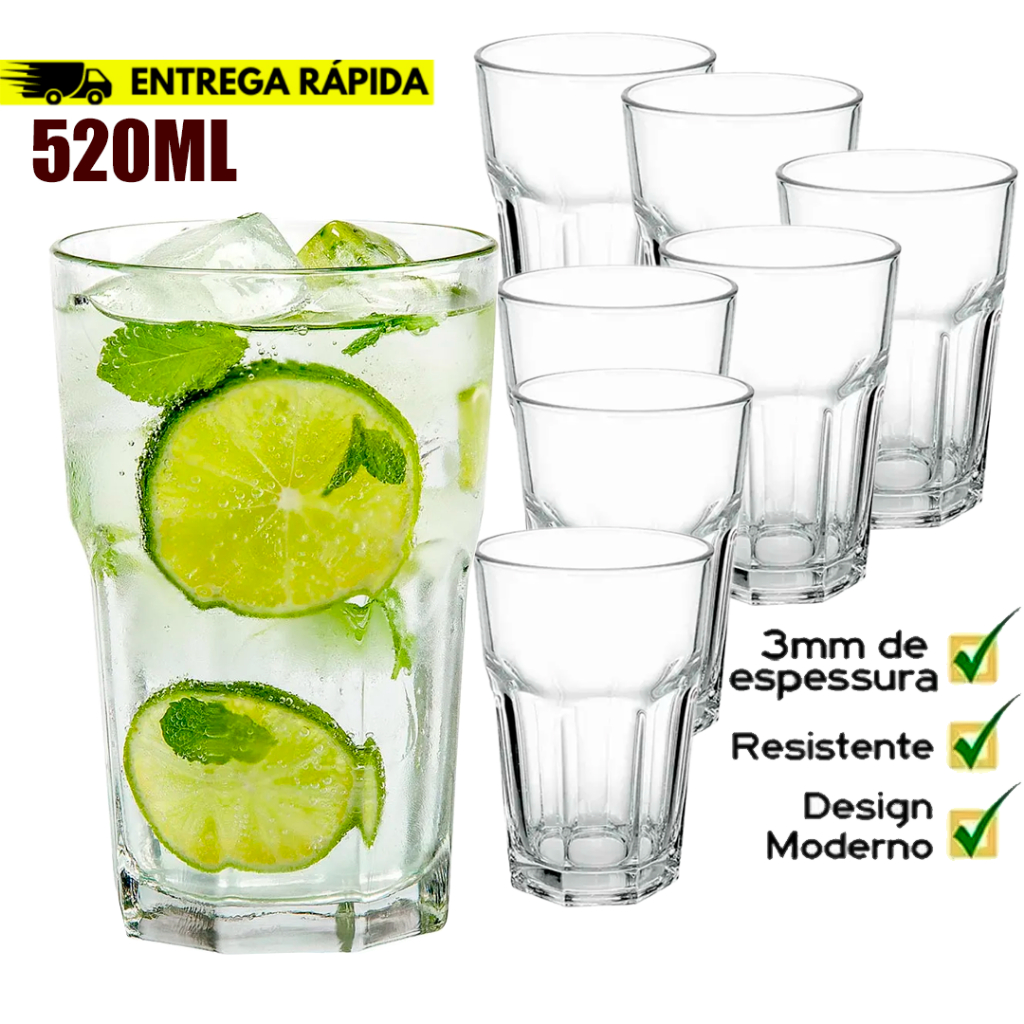 KIT 12 Copos Nadir 520ml BRISTOL Long Drink design Vidro Grosso Temperado Multiuso drink Jantar
