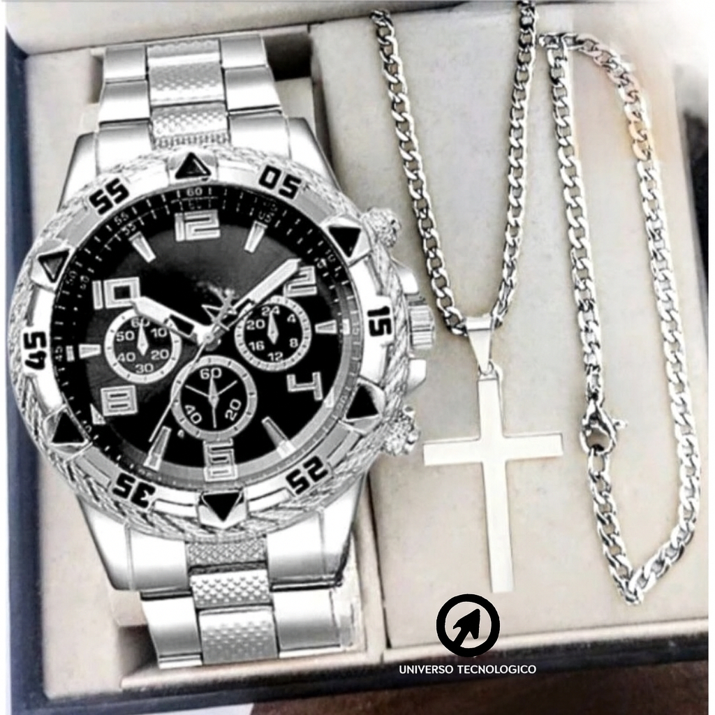 Kit Relógio Masculino Aço Inox Resistente a Água Com Corrente Cruz e Pulseira Presente Dia Dos Pais em Oferta na Shopee